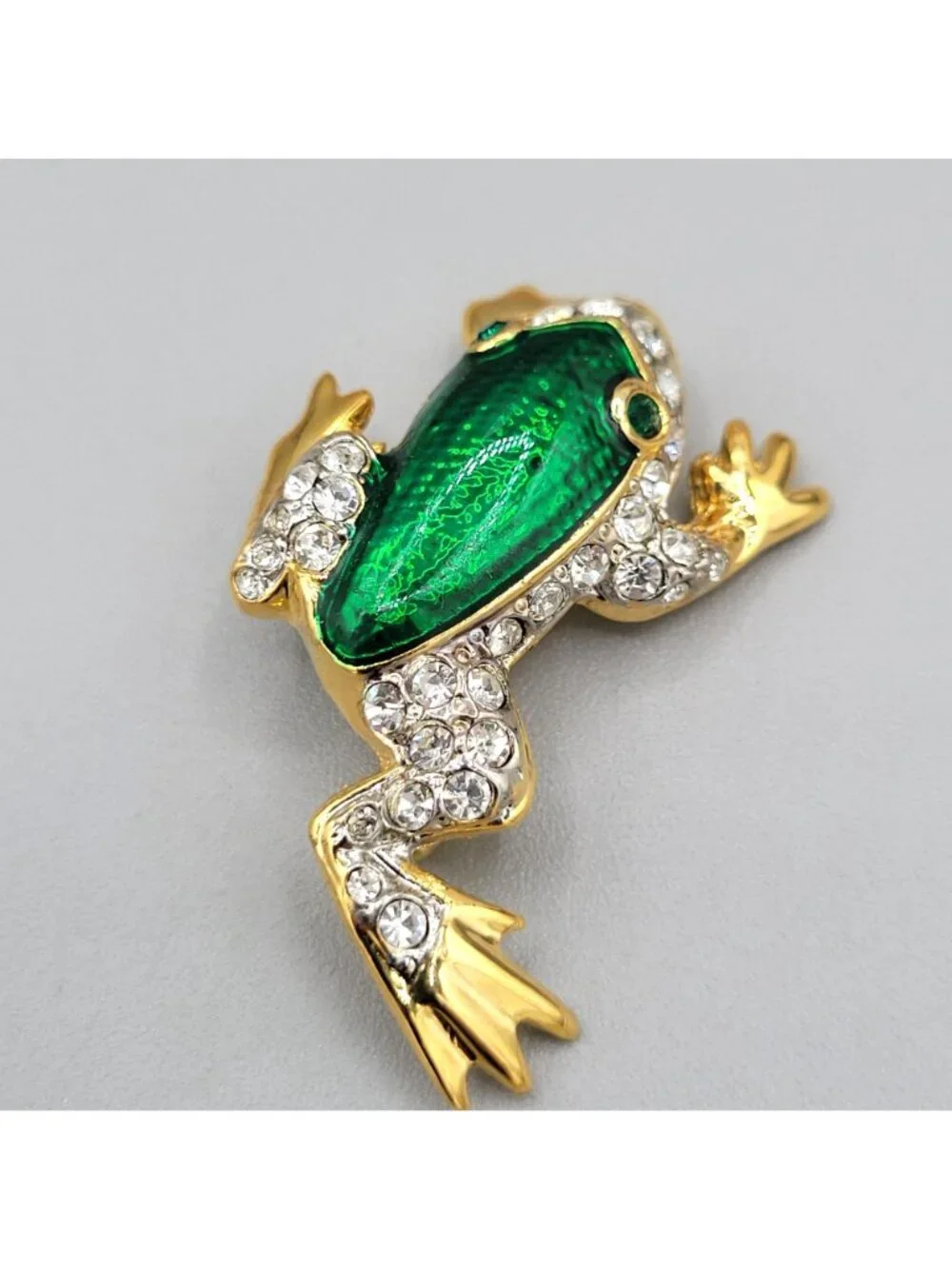 Vintage Frog Brooch Green Enamel Body Clear Rhinestone Accents Textured Feet